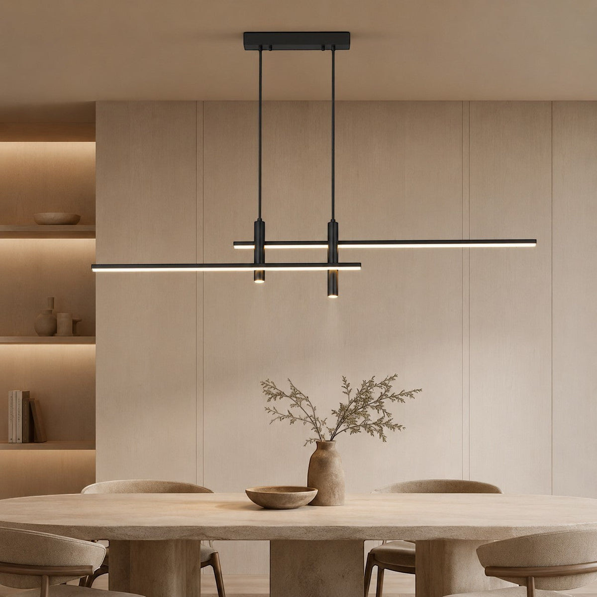 Lumiris linear black metal pendant light with targeted LED lighting, ideal for a kitchen and living room.