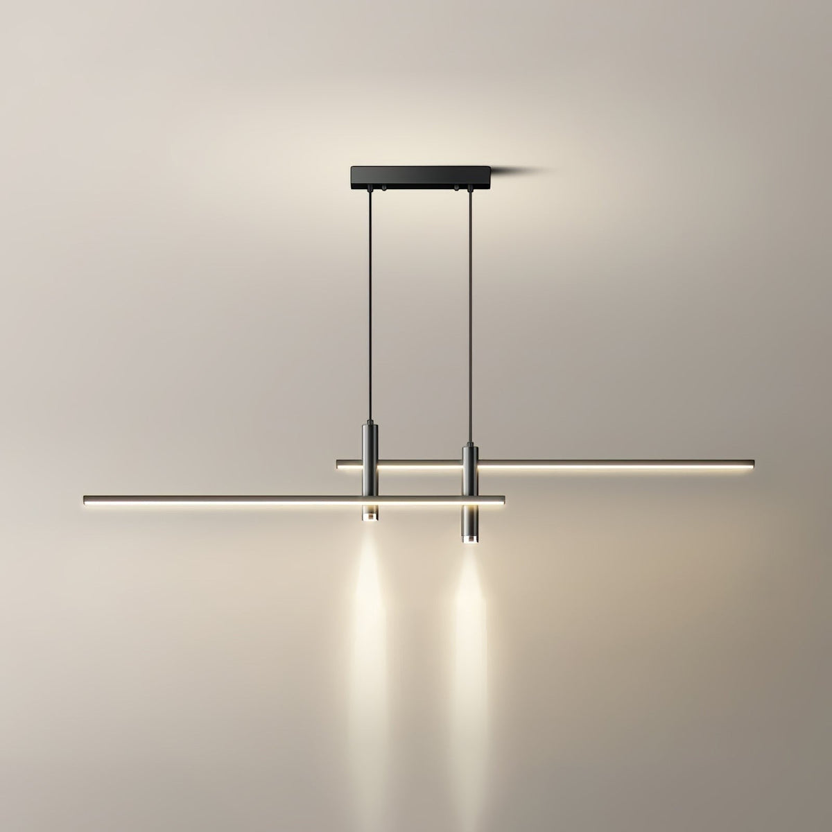 Lumiris linear metal pendant light with targeted LED lighting, ideal for a kitchen and living room.