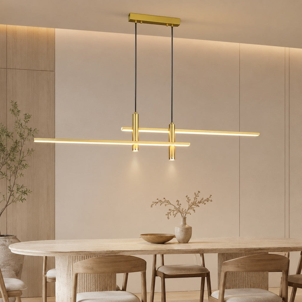 Lumiris linear gold metal pendant light, targeted lighting for a kitchen and living room.