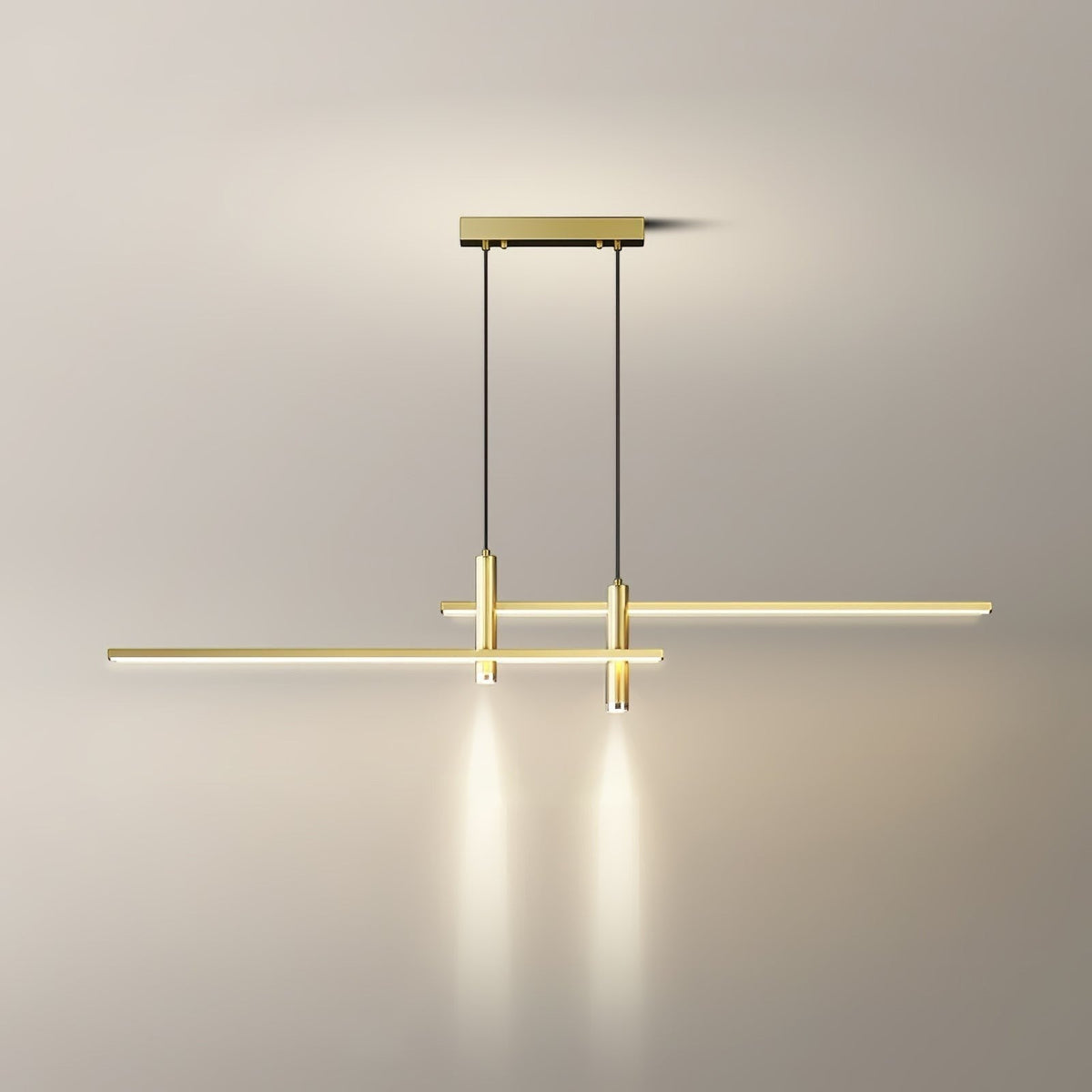 Lumiris gold metal pendant light, minimalist linear design with targeted lighting for a kitchen and living room.