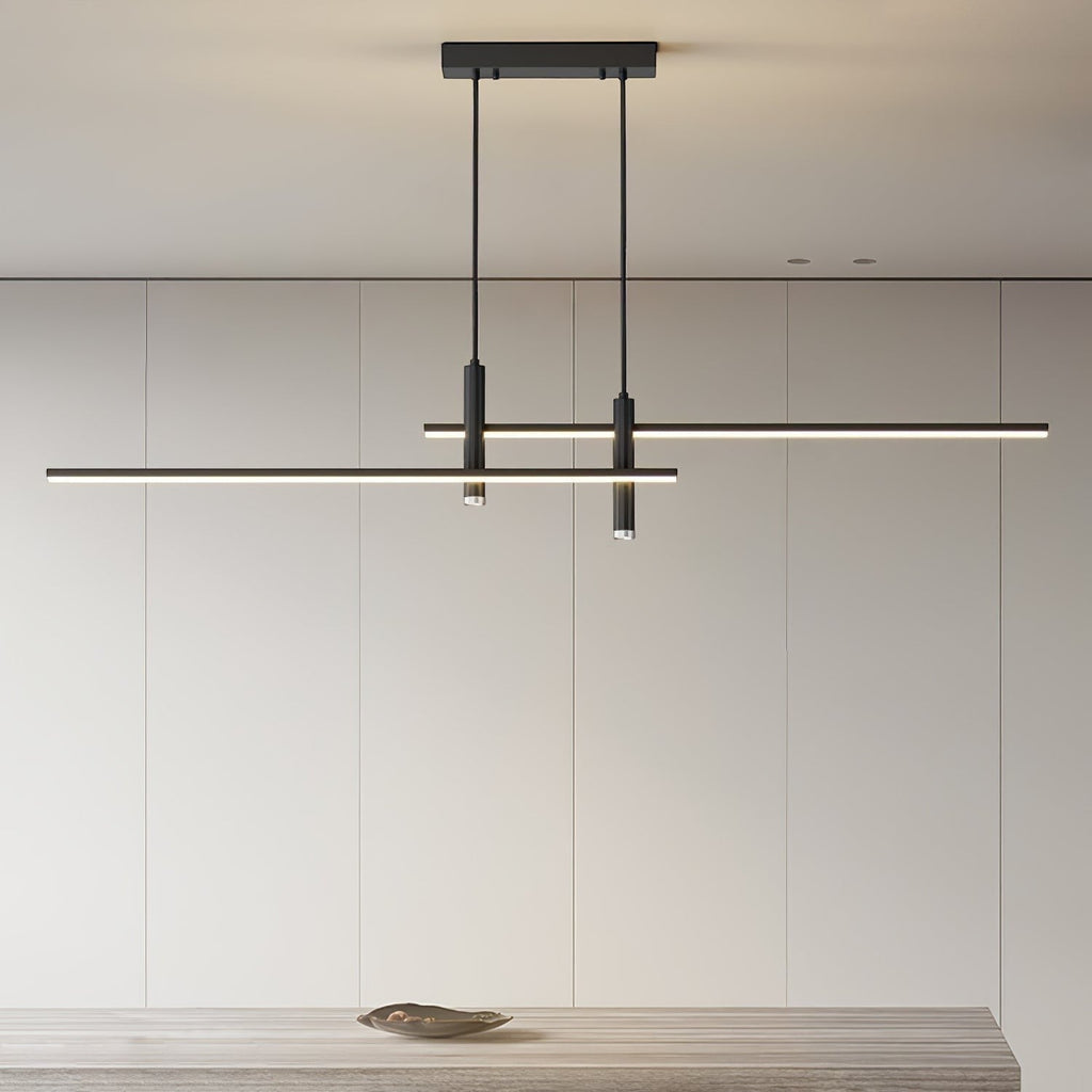 Lumiris linear black metal pendant light with integrated LED lighting, ideal for a kitchen and living room.