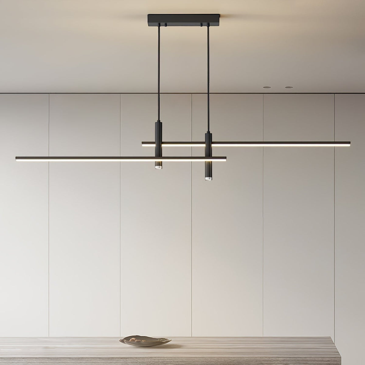 Lumiris linear black metal pendant light with integrated LED lighting, ideal for a kitchen and living room.