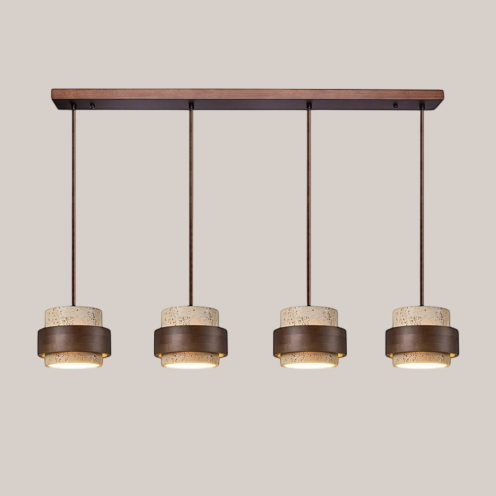 Lumiris cylindrical pendant light in pale travertine and dark wood, natural modern design.