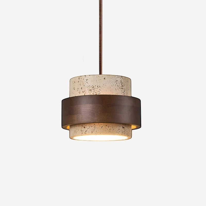 Lumiris cylindrical pendant light in pale travertine and dark wood, natural modern design.