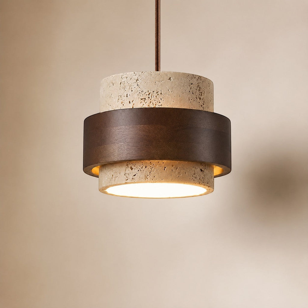Lumiris cylindrical pendant light in pale travertine and dark wood, natural modern design.