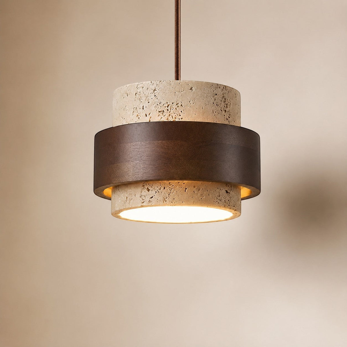 Lumiris cylindrical pendant light in pale travertine and dark wood, natural modern design.