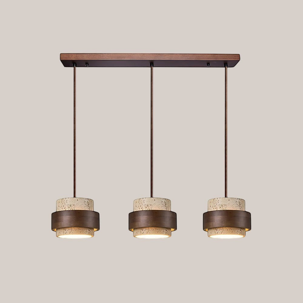 Lumiris cylindrical pendant light in pale travertine and dark wood, natural modern design.