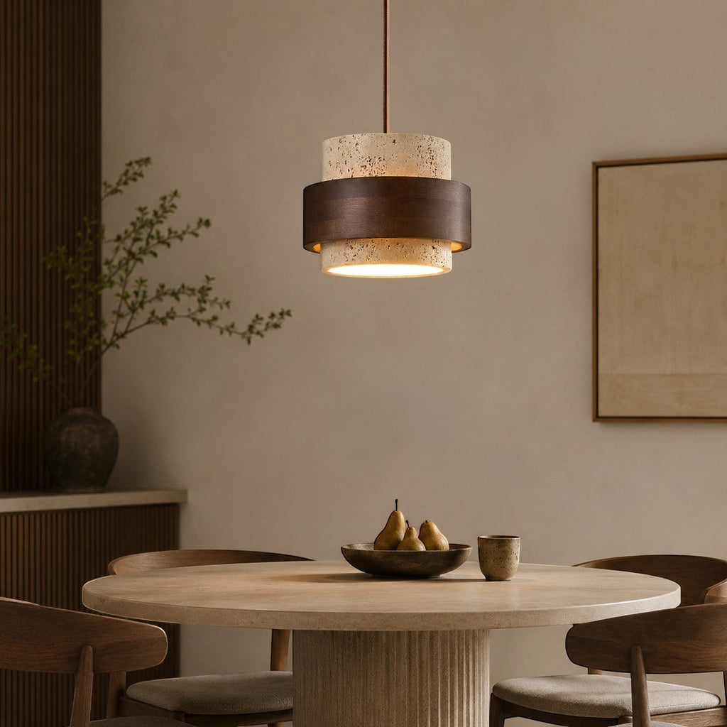 Lumiris cylindrical pendant light in pale travertine and dark wood, natural organic design.