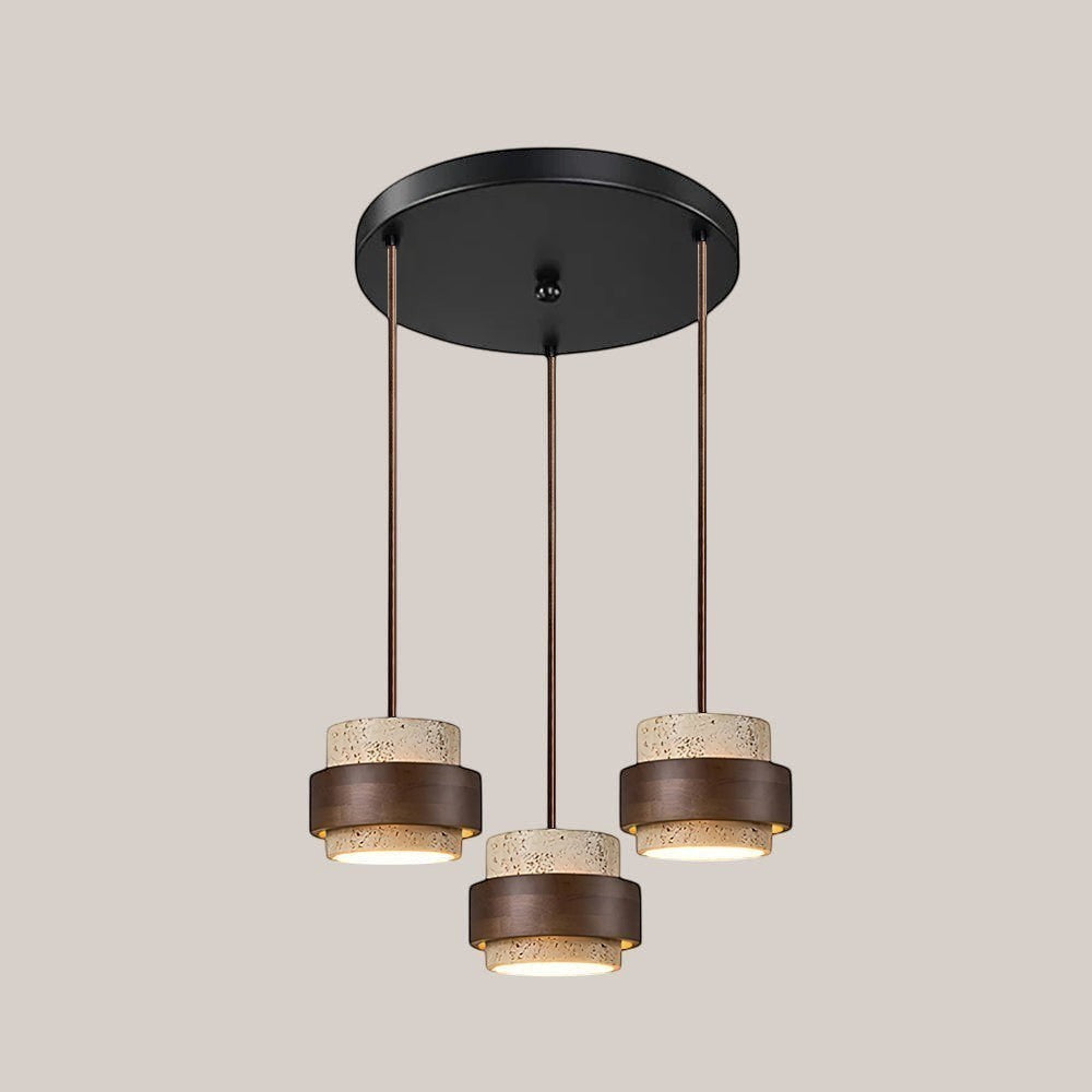 Lumiris Travertine Cylinder Pendant Light, natural design in pale travertine and dark wood, three pendants