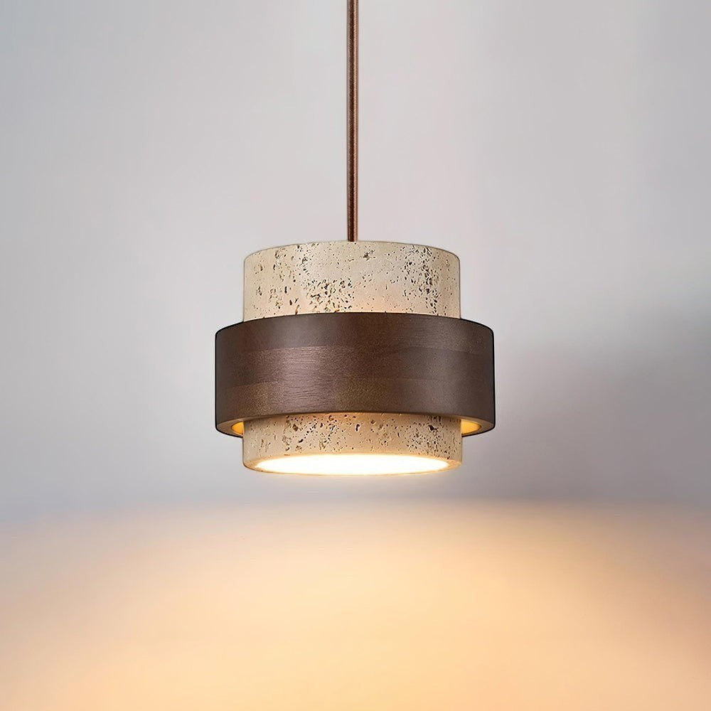 Lumiris cylindrical pendant light in pale travertine and brown wood, natural modern design.
