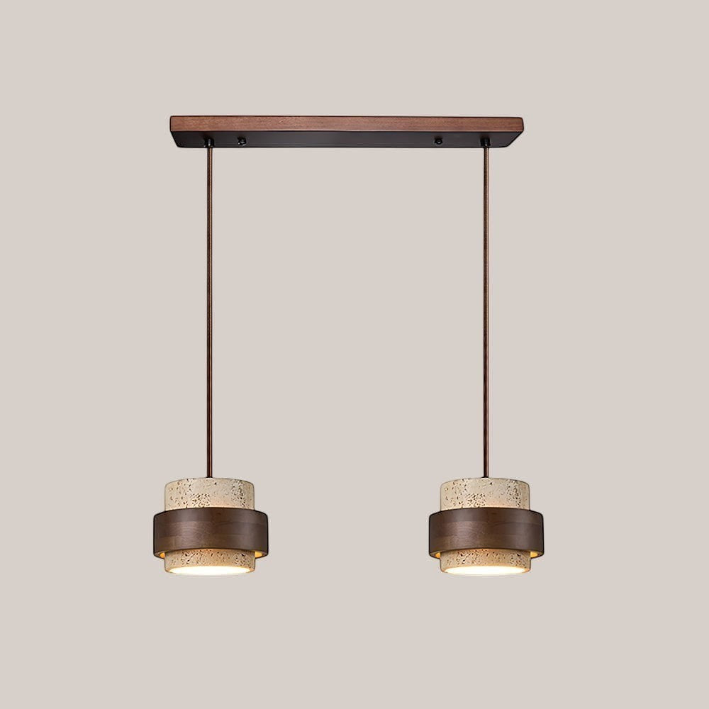 Lumiris cylindrical pendant light in pale travertine and dark wood, natural modern design.