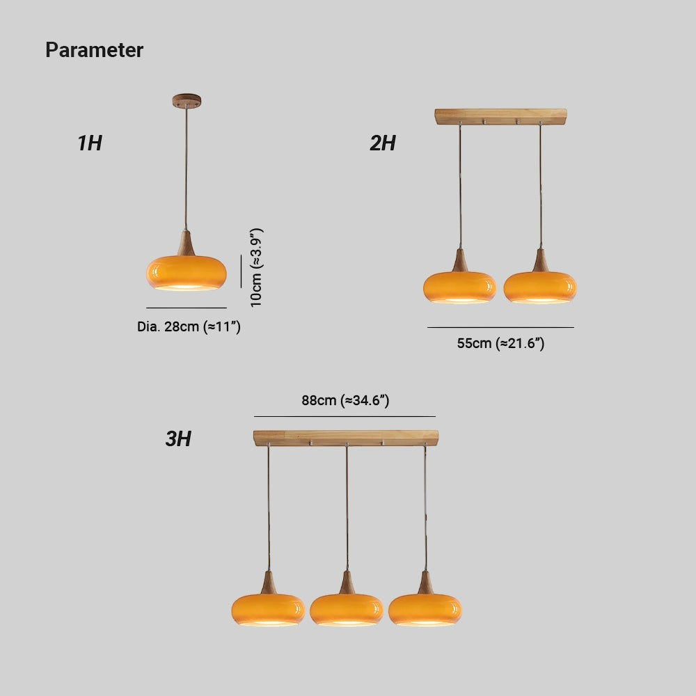 Lumiris amber glass and wood pendant light, modern design, ideal for a kitchen and dining room.