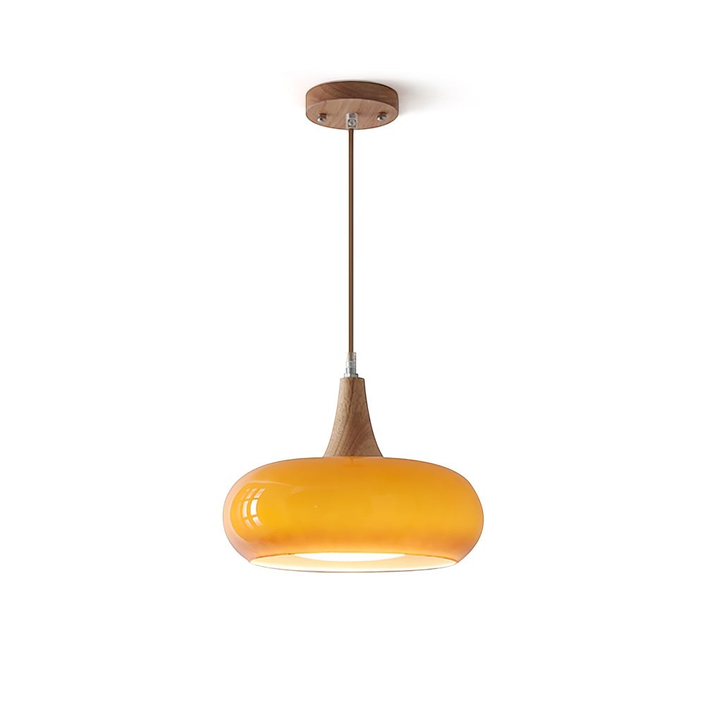 Lumiris amber glass and wood pendant light, modern design, ambient lighting for a living room or dining room.