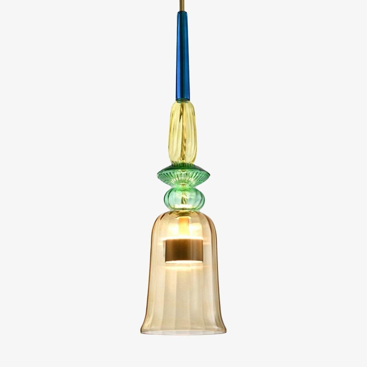 Lumiris modern pendant light in amber, green and blue coloured glass, artistic design, ideal for a dining room.