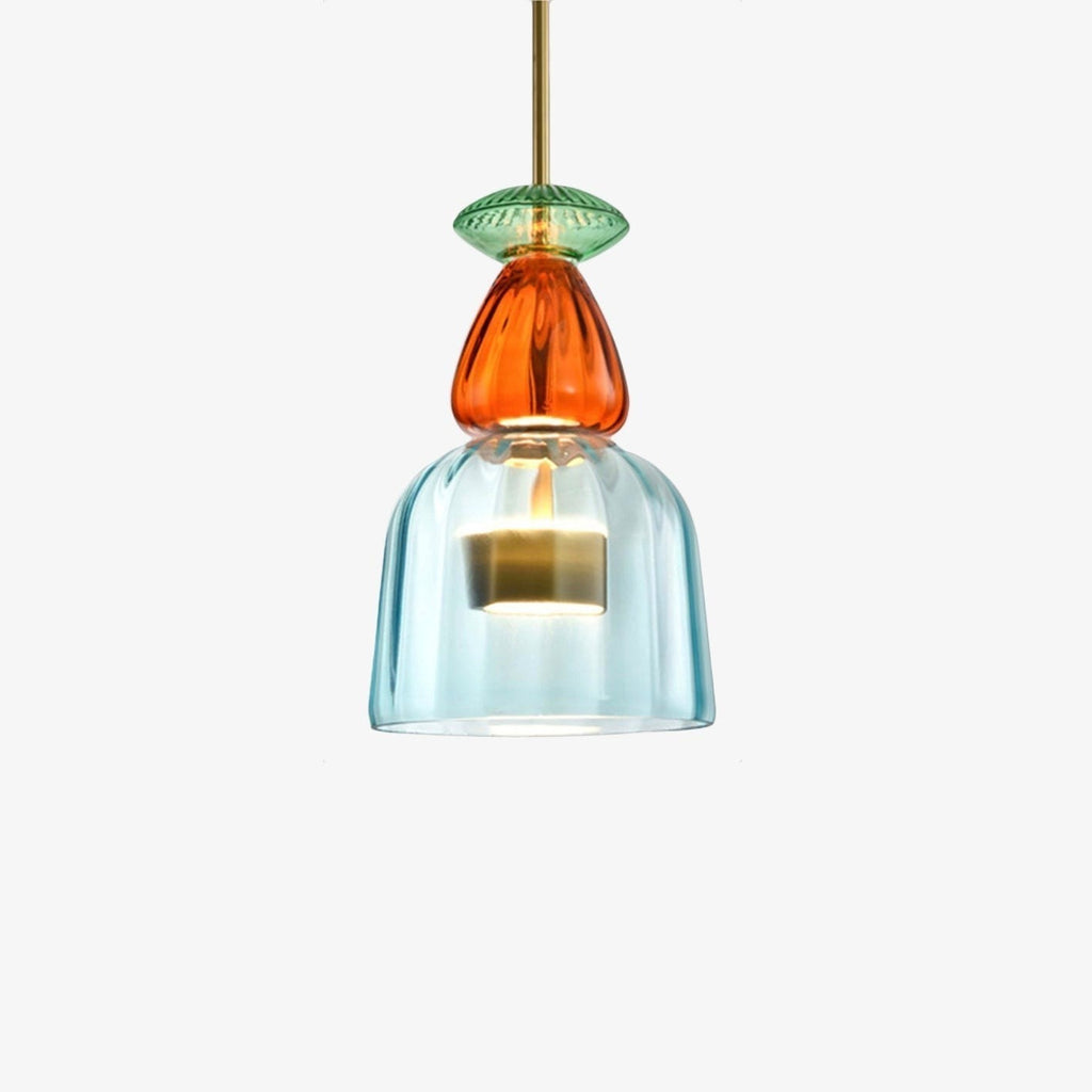 Lumiris blue, orange and green coloured glass LED pendant light, modern design for a dining room.