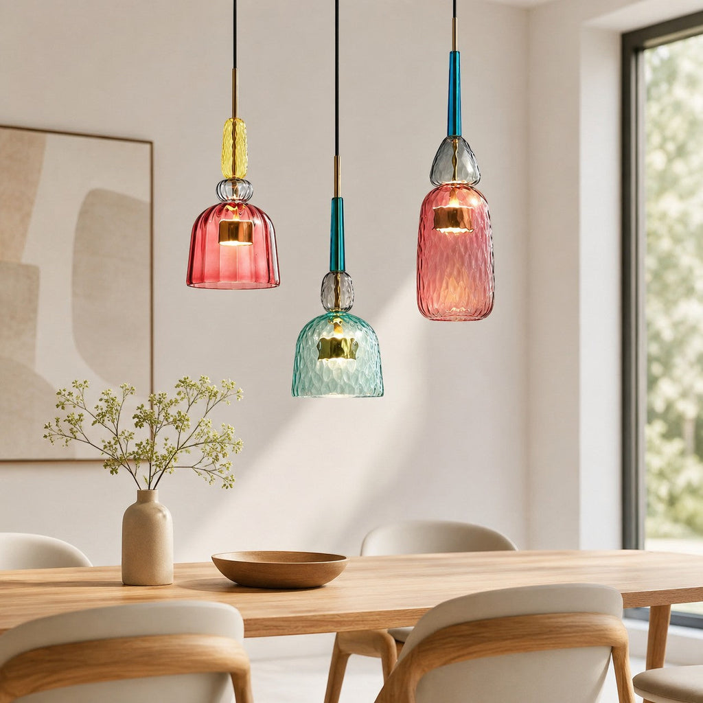 Lumiris coloured glass LED pendant light, modern design, textured pink, blue and green shade, ideal for a dining room.