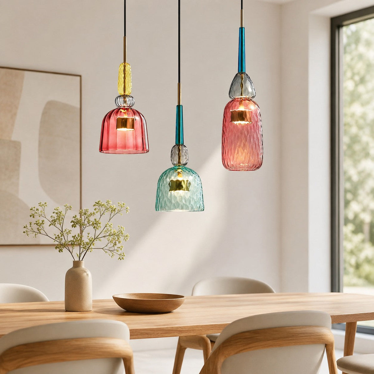 Lumiris coloured glass LED pendant light, modern design, textured pink, blue and green shade, ideal for a dining room.