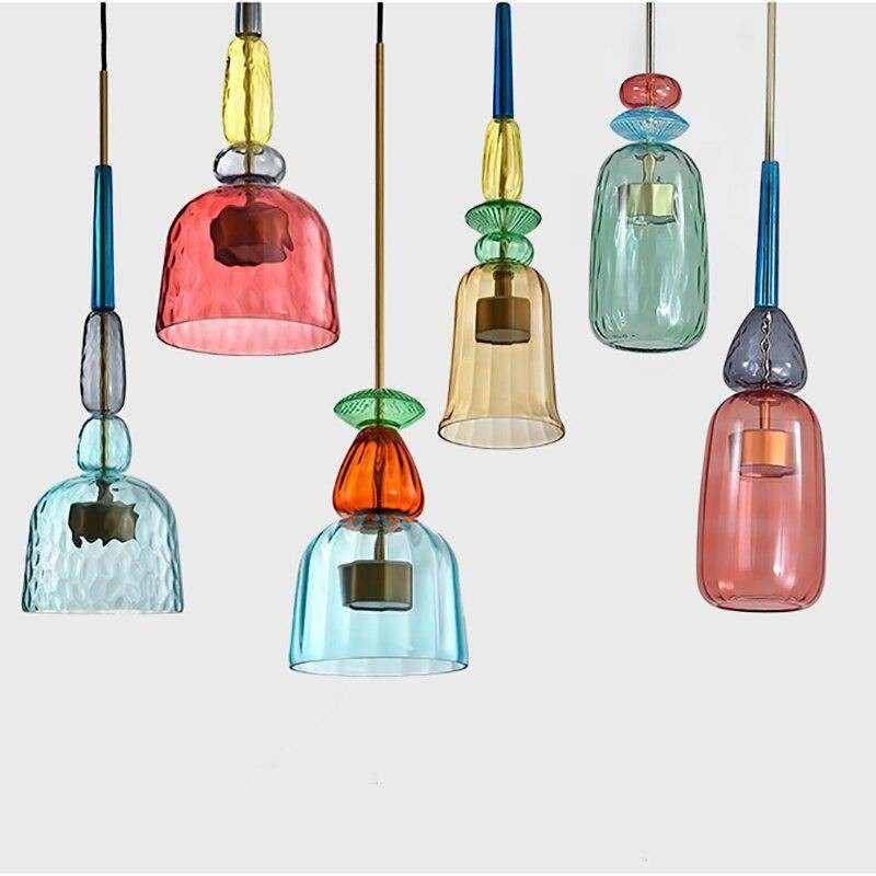 Lumiris coloured glass LED pendant light, modern design, multicoloured shade (blue, pink, red, yellow, green), ideal for a dining room.