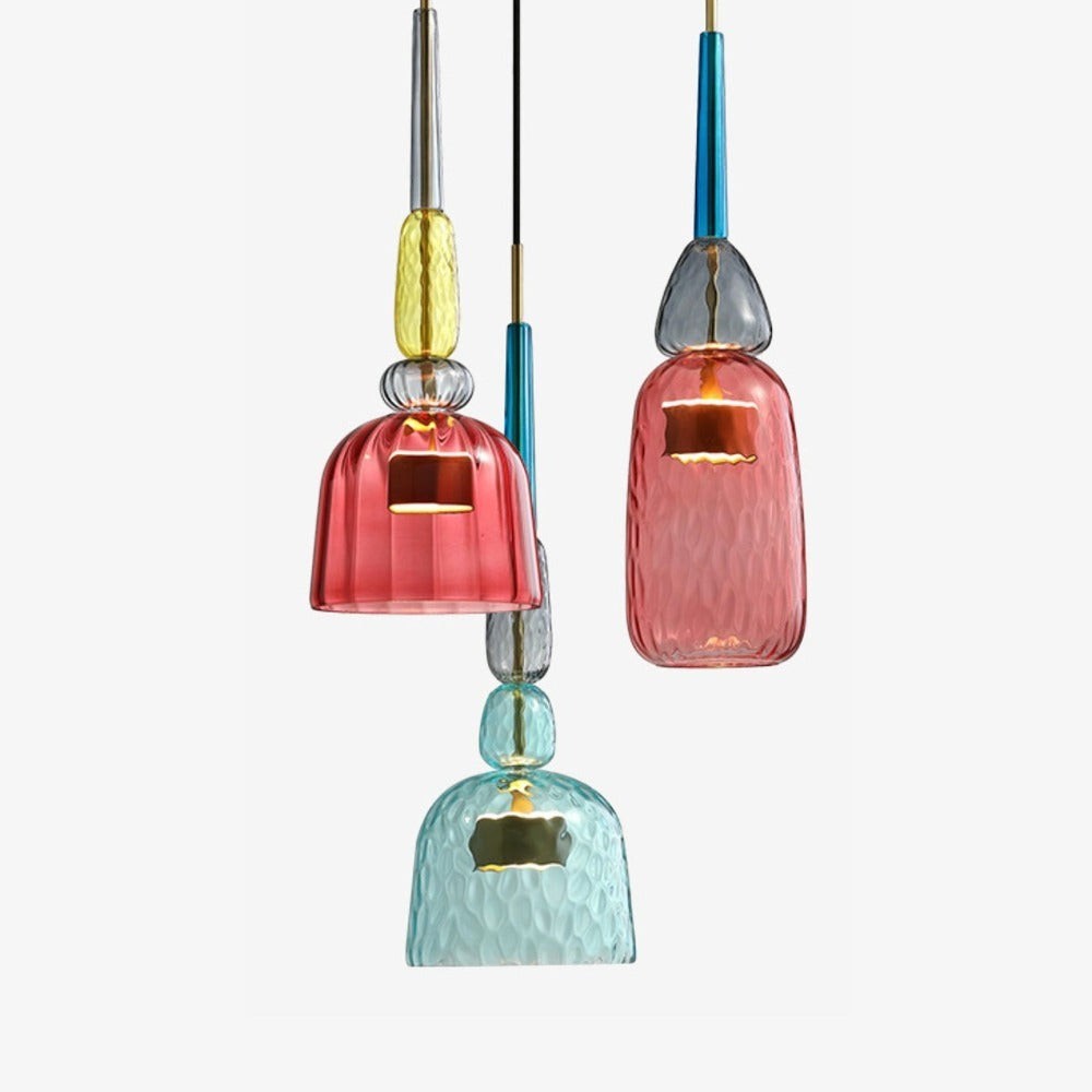 Lumiris coloured glass LED pendant light, modern design, textured pink, blue and yellow shade.
