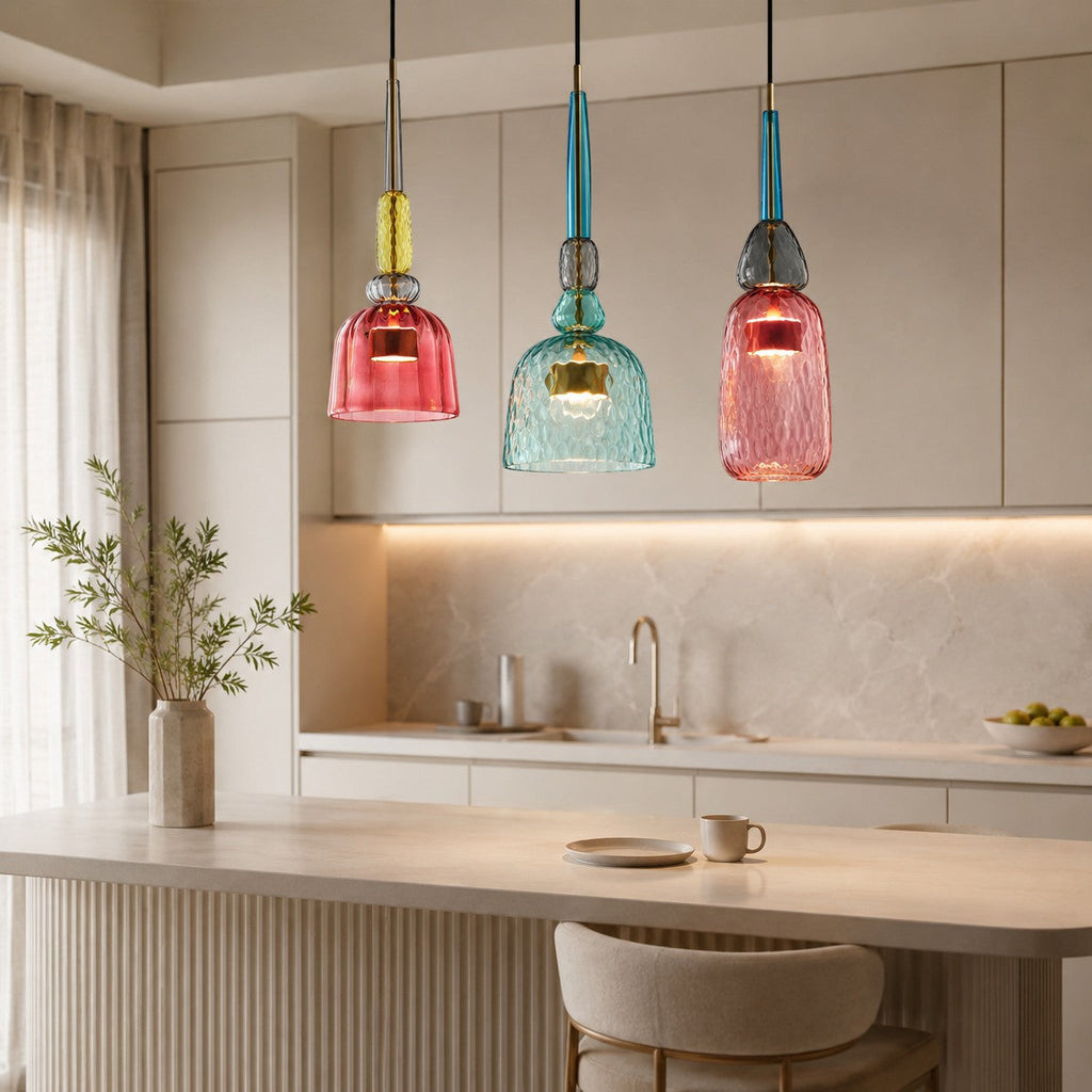 Lumiris coloured glass LED pendant light, modern design, pink, blue and yellow shade, ideal for a dining room.