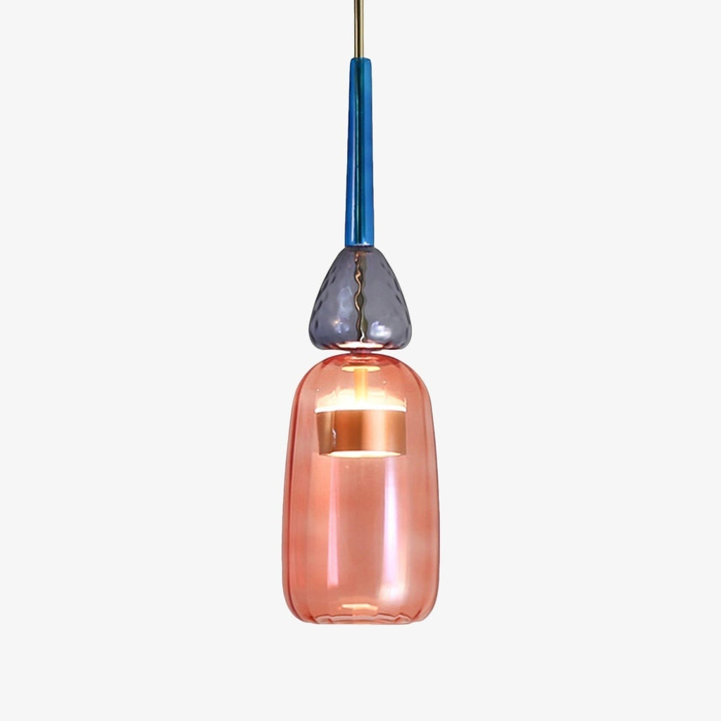 Lumiris pink and blue glass LED pendant light, modern design, coloured glass shade, ideal for a dining room.