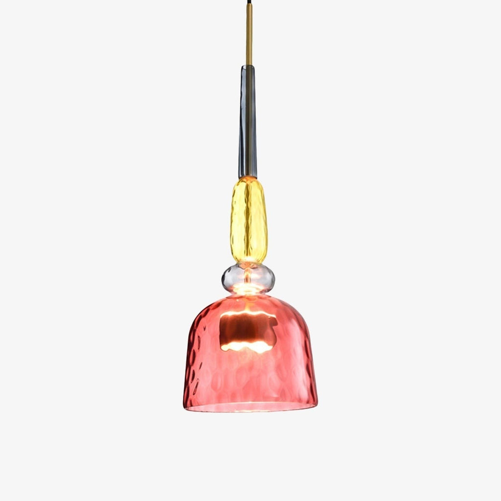 Lumiris modern pendant light in textured pink glass with gold and chrome details, artistic design.