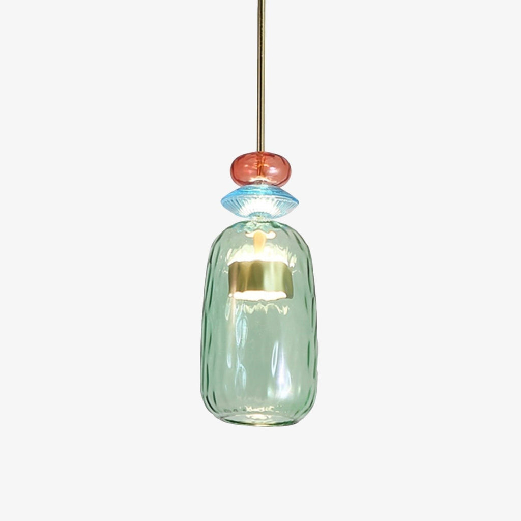 Lumiris textured green glass LED pendant light with blue and pink decorative beads, modern style.