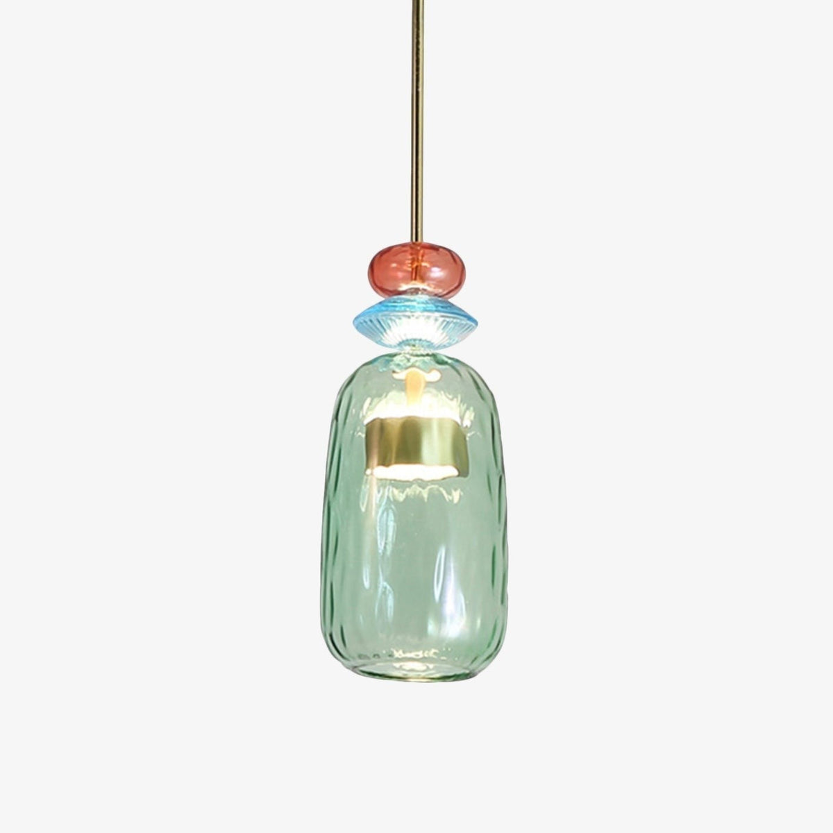 Lumiris textured green glass LED pendant light with blue and pink decorative beads, modern style.