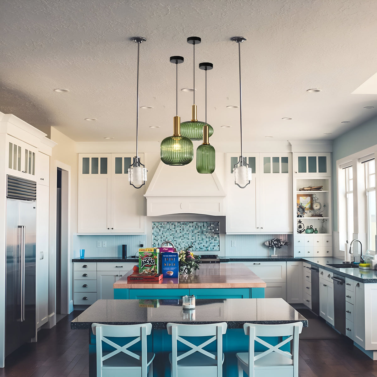Coloured Blown Glass Pendant Light – Retro Wrought Iron Frame