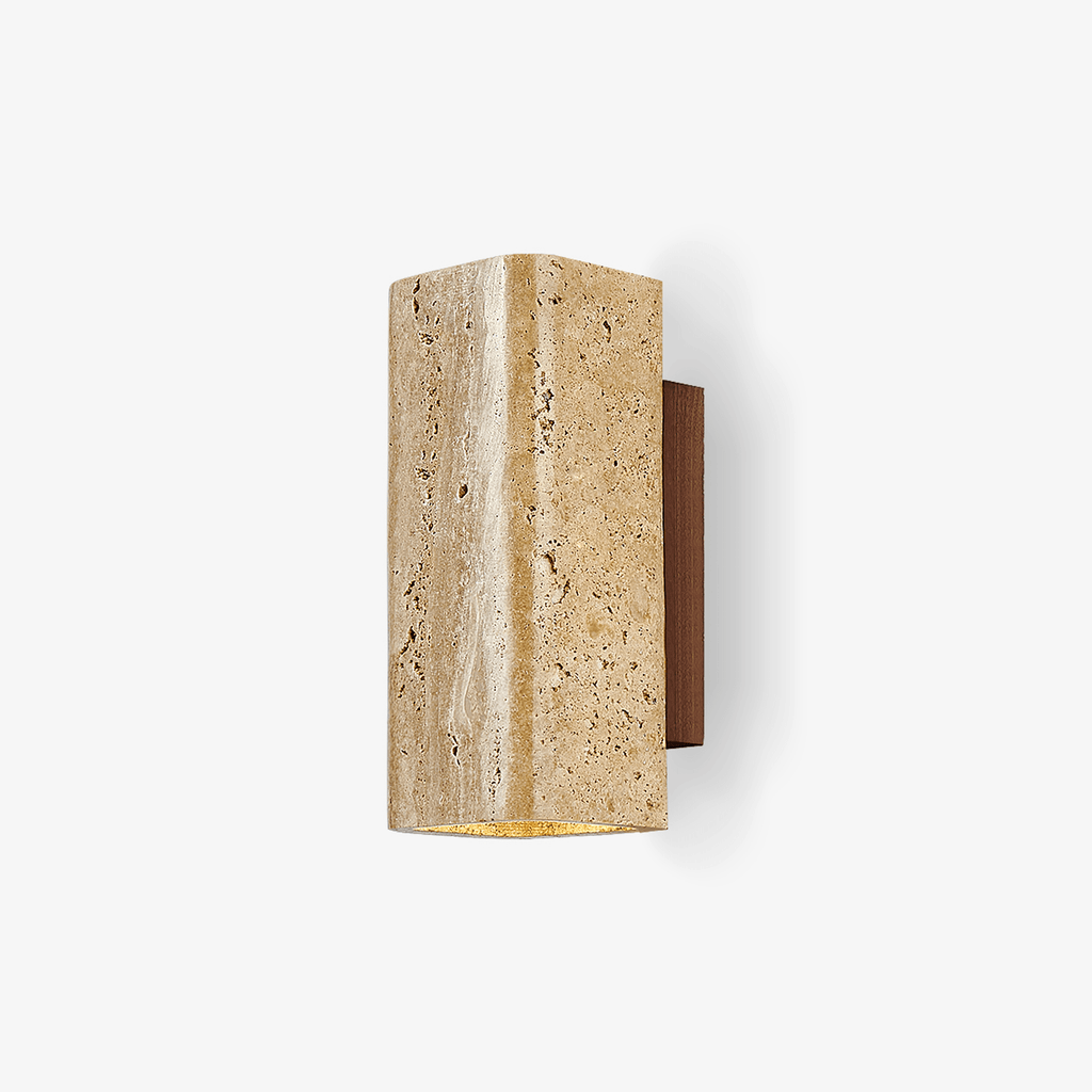 Travertine arc wall light on a solid wood backplate (1)