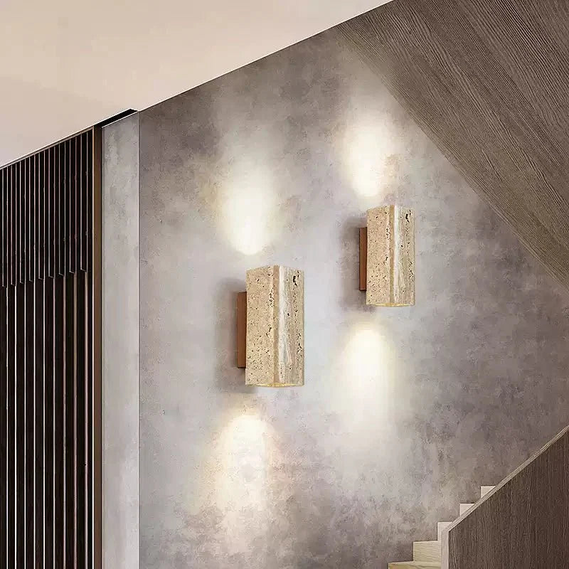 Travertine arc wall light on a solid wood backplate (2)