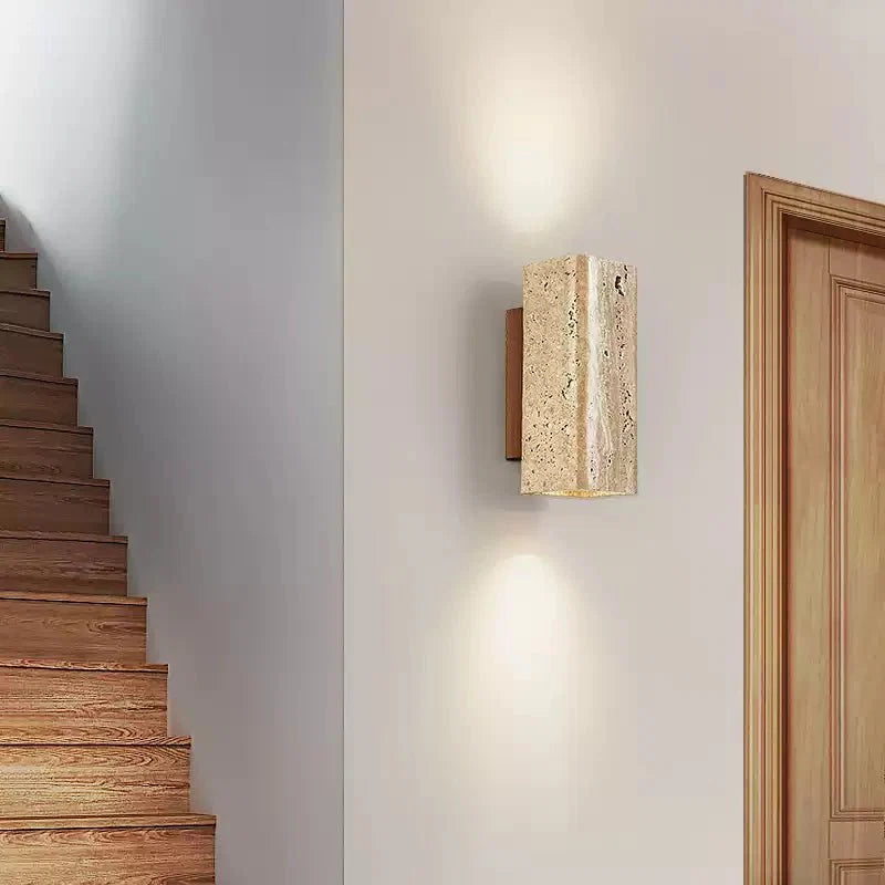 Travertine arc wall light on a solid wood backplate (3)