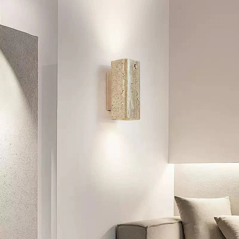 Travertine arc wall light on a solid wood backplate (4)