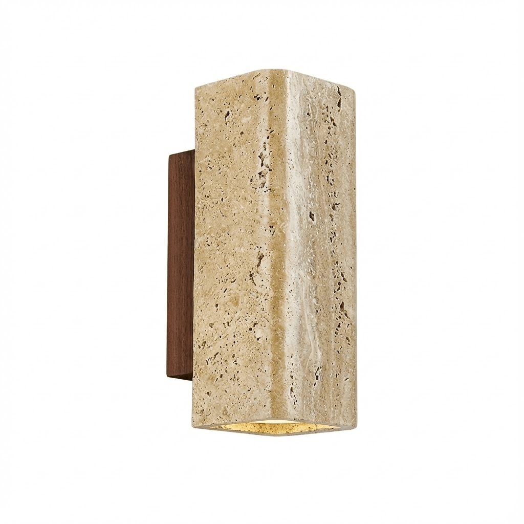 Travertine arc wall light on a solid wood backplate (7)