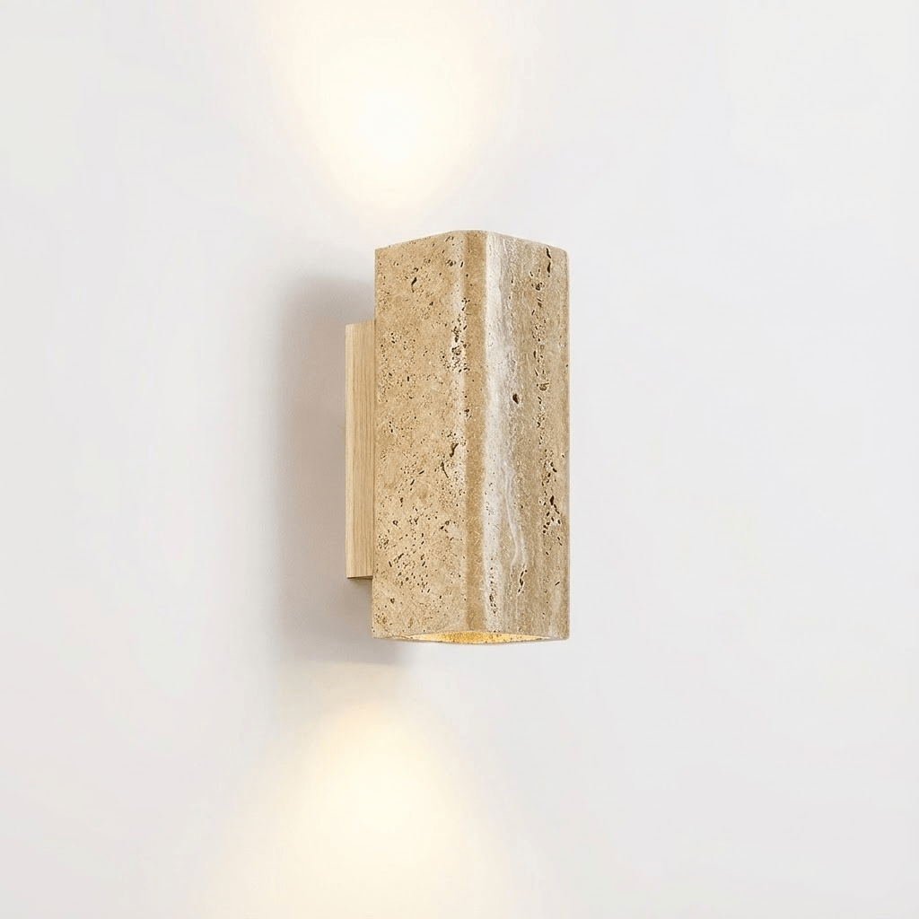Travertine arc wall light on a solid wood backplate (8)