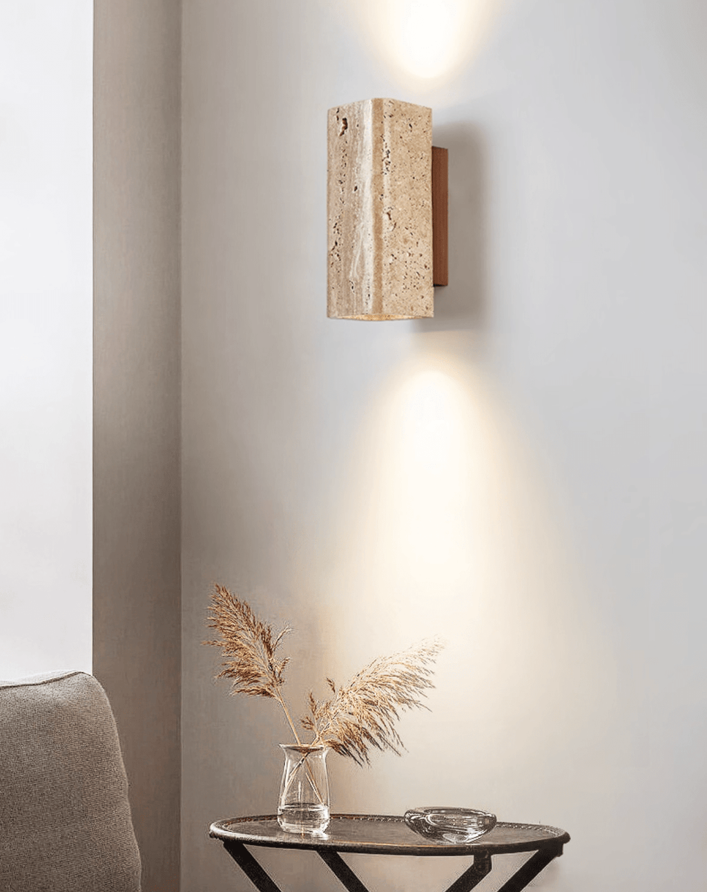 Travertine arc wall light on a solid wood backplate (10)