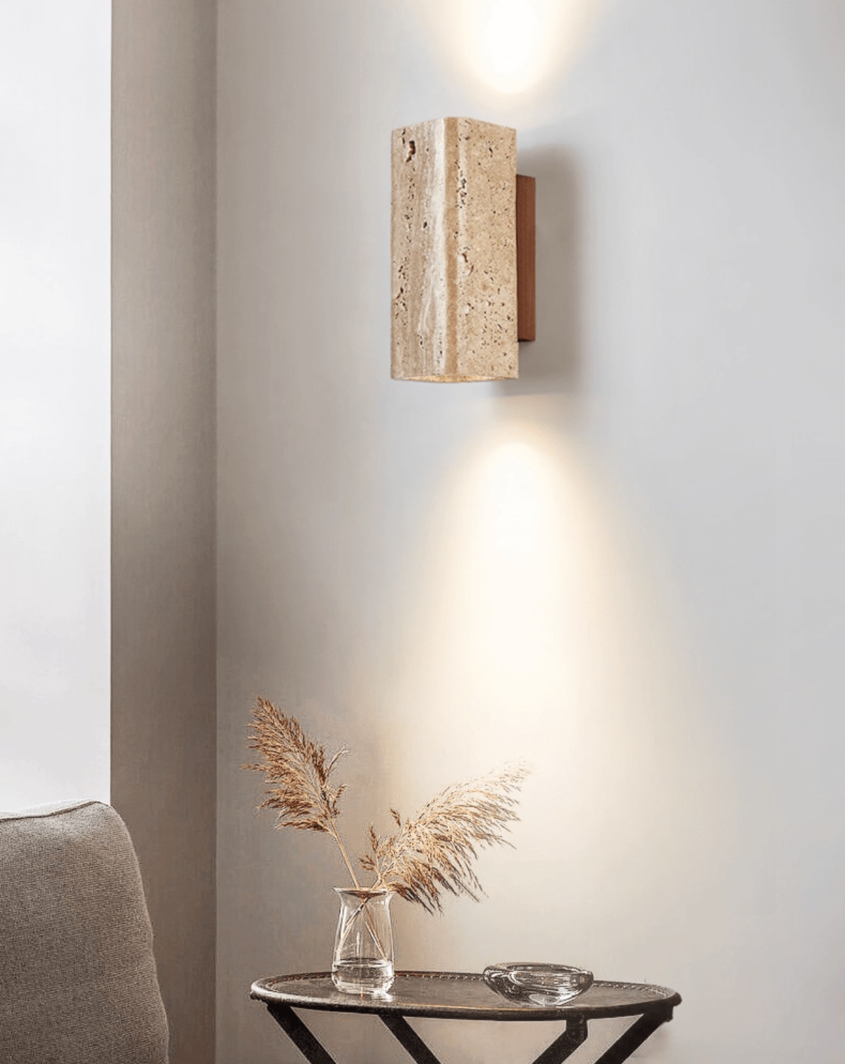 Travertine arc wall light on a solid wood backplate (10)