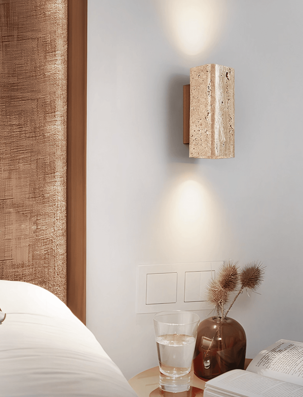 Travertine arc wall light on a solid wood backplate (11)