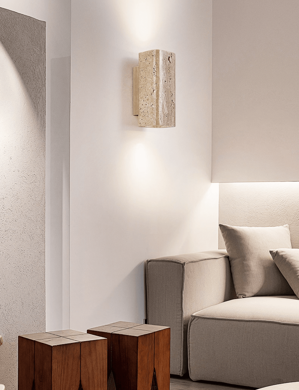 Travertine arc wall light on a solid wood backplate (12)