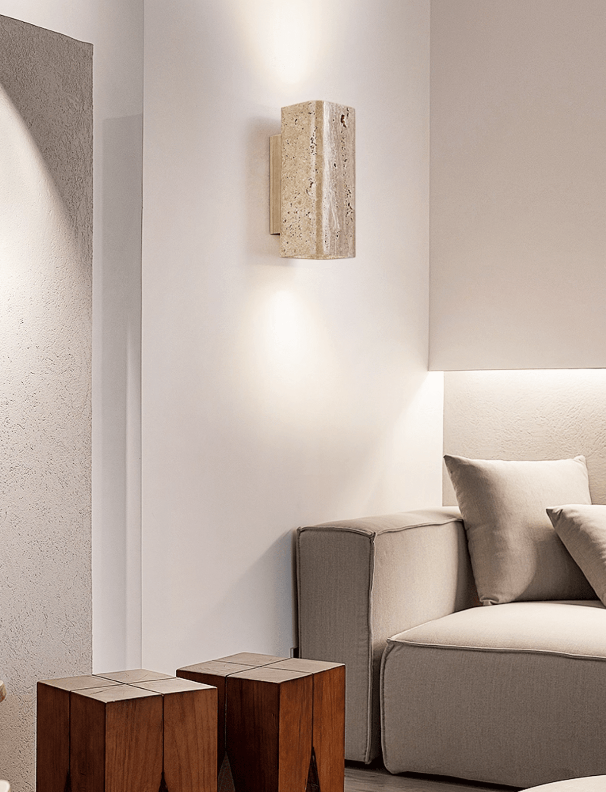 Travertine arc wall light on a solid wood backplate (12)