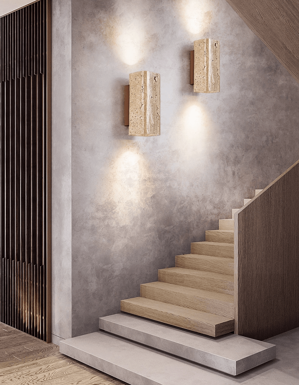 Travertine arc wall light on a solid wood backplate (13)