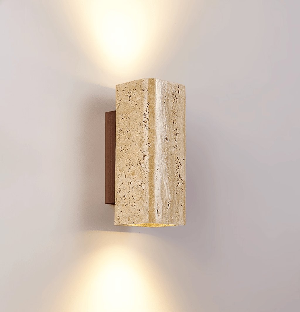 Travertine arc wall light on a solid wood backplate (17)