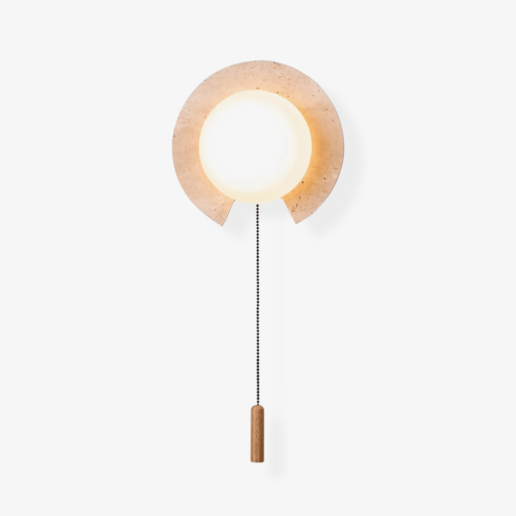 Travertine ring wall light, cut stone ring with a glass orb and pull chain (1)