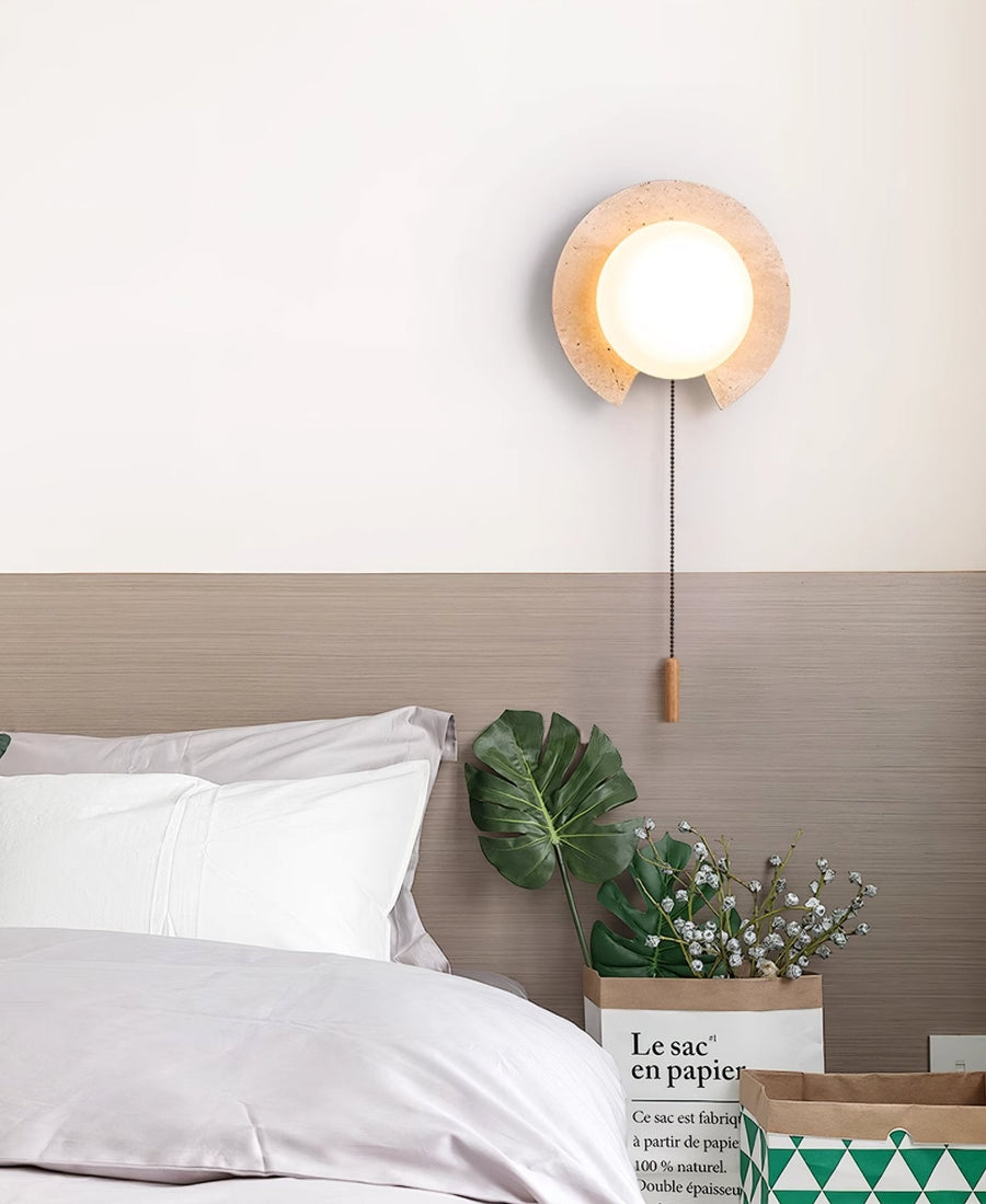 Travertine ring wall light, cut stone ring with a glass orb and pull chain (3)