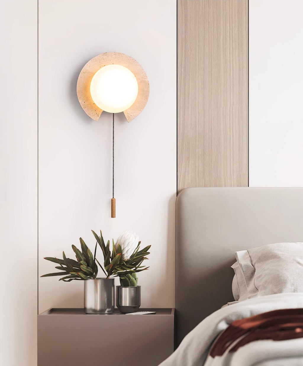Travertine ring wall light, cut stone ring with a glass orb and pull chain (4)