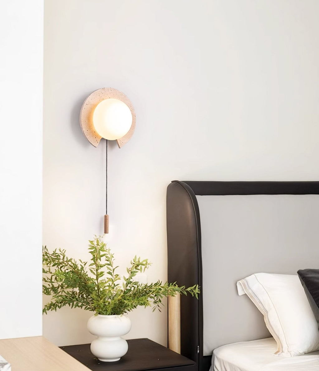 Travertine ring wall light, cut stone ring with a glass orb and pull chain (5)
