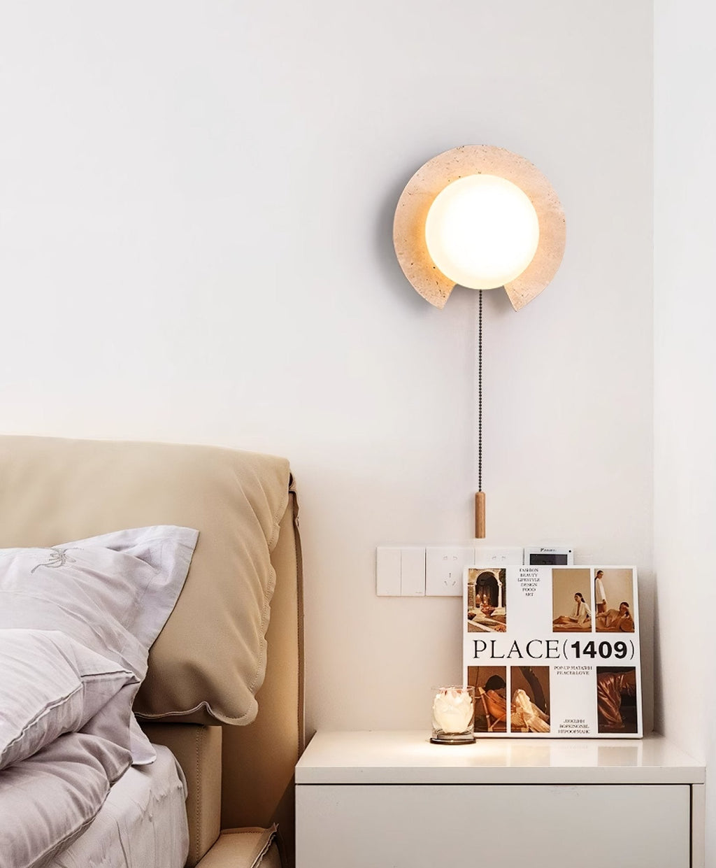 Travertine ring wall light, cut stone ring with a glass orb and pull chain (6)