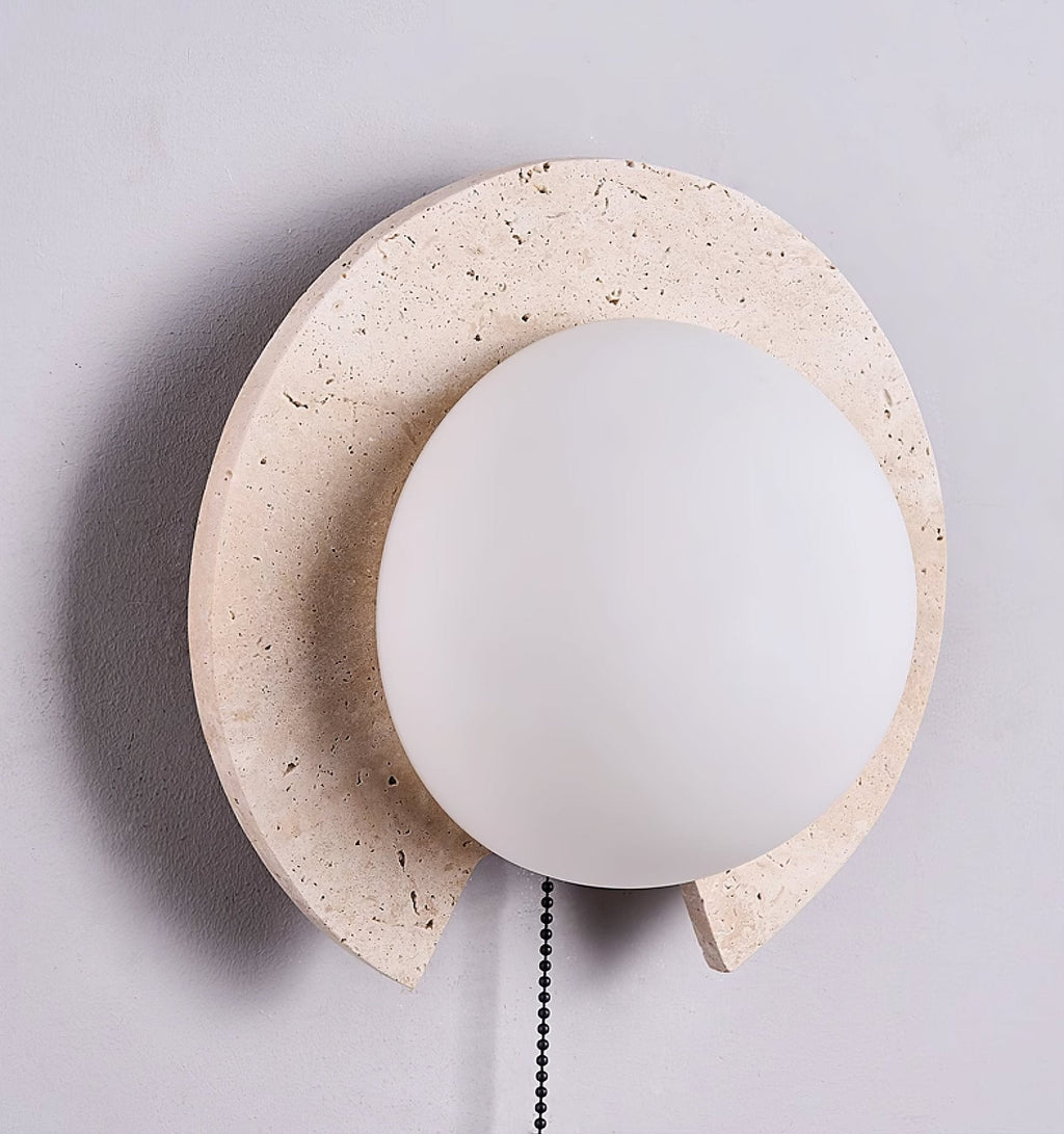 Travertine ring wall light, cut stone ring with a glass orb and pull chain (7)