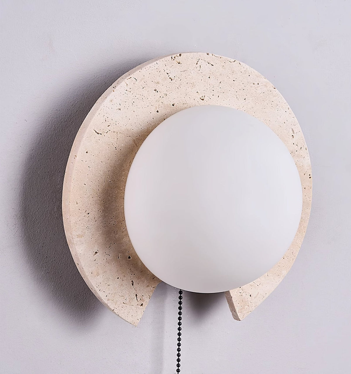 Travertine ring wall light, cut stone ring with a glass orb and pull chain (7)