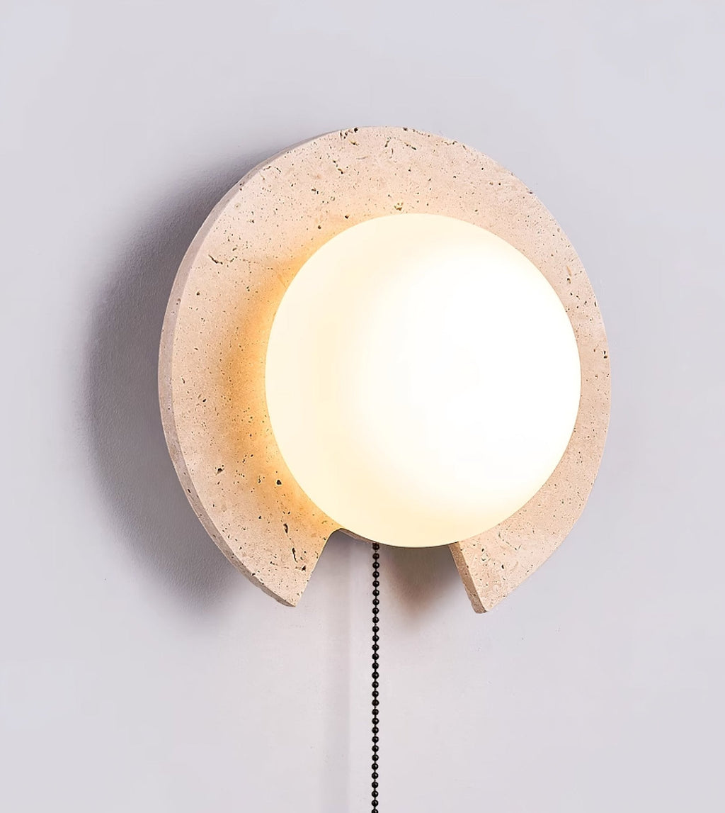 Travertine ring wall light, cut stone ring with a glass orb and pull chain (8)